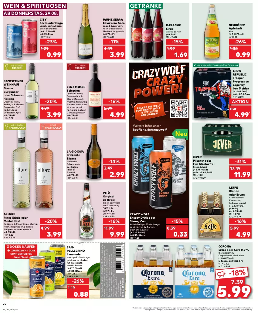 Aktueller Prospekt Kaufland - Prospekt - von 29.08 bis 04.09.2024 - strona 20 - produkty: alkohol, angebot, antipasti, aperitif, apfel, apfelsaft, asti, auer, Bad, becks, becksteiner, bier, blauer zweigelt, Brei, burgunder, Cava, cola, corona, corona extra, coupon, drink, ecco, eis, elle, energy drink, erfrischungsgetränk, erfrischungsgetränke, frizzante, frucht, fruchtsaft, getränk, getränke, gin, grauer burgunder, hugo, jever, jever pilsener, kirsch, kirsche, kirschen, La Gioiosa, Lagerbier, Lenz Moser, limo, limonade, melone, merl, merlot, mit frucht, moser, pasta, pils, pilsener, Pinot, pinot grigio, qualitätswein, qualitätsweine, riesling, rotwein, saft, sanpellegrino, sauerkirschen, schwarzriesling, sirup, Spezi, spirituosen, steiner, Ti, tisch, wein, weine, ZTE, zucker, Zweigelt