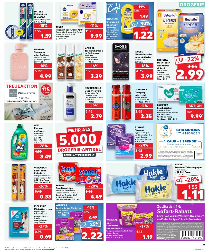 Aktueller Prospekt Kaufland - Prospekt - von 29.08 bis 04.09.2024 - strona 21 - produkty: aktionspreis, Alwa, Always, angebot, angebote, aqua, auer, bebivita, beef, beutel, Brei, bübchen, bürste, Cap, coupon, creme, deo, deospray, Discreet, Dr. Best, dreamies, drogerie-artikel, duschgel, eis, elle, feuchtes toilettenpapier, feuchttücher, Fleckenentferner, geschirr, gin, hakle, hundesnack, je 50-ml-tiegel, katzensnack, katzensnacks, Körperlotion, kraft, Lotion, milch, Mini-Würstchen, neutrogena, nivea, Old Spice, pampers, papier, pedigree, Q10, reiniger, reis, saft, shampoo, shampoo oder spülung, snack, snacks, sofort-rabatt, somat, spülung, syoss, Tagespflege, Ti, toilettenpapier, trockenfutter, Trockenshampoo, tücher, vita, vitakraft, whiskas, würstchen, Yo, zahnbürste, ZTE