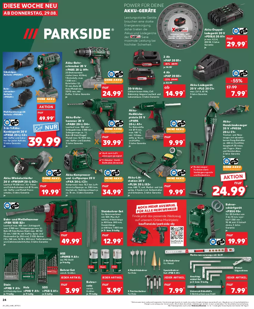 Aktueller Prospekt Kaufland - Prospekt - von 29.08 bis 04.09.2024 - strona 26 - produkty: adapter, akku, Akku-Bohrhammer, akku-bohrschrauber, Akku-Winkelschleifer, angebot, angebote, auer, ball, Behälter, bodensauger, Bohrer-Set, Bohrerset, Bohrhammer, Bohrschrauber, buch, bürste, bürsten, cin, eis, handstaubsauger, Heißklebepistole, Holz, HP, koffer, kompressor, kraft, Kranz, ladegerät, LG, Nasssauger, ohne akku und ladegerät, Parkside, Rauch, reis, Säbelsäge, säge, schlauch, schwamm, Spezi, staubsauger, stifte, Ti, Waage, wasser, werkzeug, Winkelschleifer, ZTE