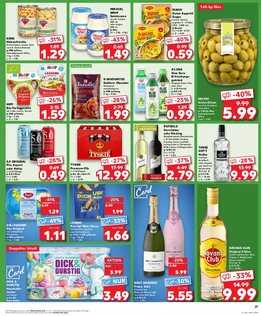 Aktueller Prospekt Kaufland - Prospekt - von 29.08 bis 04.09.2024 - strona 29 - produkty: aloe vera, angebot, angebote, Becher, beutel, bio, bohne, bohnen, brut, brut dargent, butter, butterkeks, chardonnay, creme, de blancs, deli reform, dornfelder, eis, elle, erbsen, erfrischungsgetränk, fertiggericht, frucht, früchte, getränk, gin, green tea, grüne oliven, haushaltstücher, Havana Club, hipp, hülsenfrüchte, Käse, keks, kekse, kichererbsen, lamm, leibniz, linsen, mac, maggi, mandel, mandeln, margarine, miracel, miracel whip, natur, olive, oliven, Pick Up!, pils, Pinot, pinot noir, qualitätswein, qualitätsweine, reis, riesling, rotwein, rum, salat, salatcreme, Schal, Schale, schoko, schokolade, sekt, senf, suppe, teller, Three Sixty, Ti, tücher, tyskie, vodka, vorspeise, wein, weine, Wild, ZTE