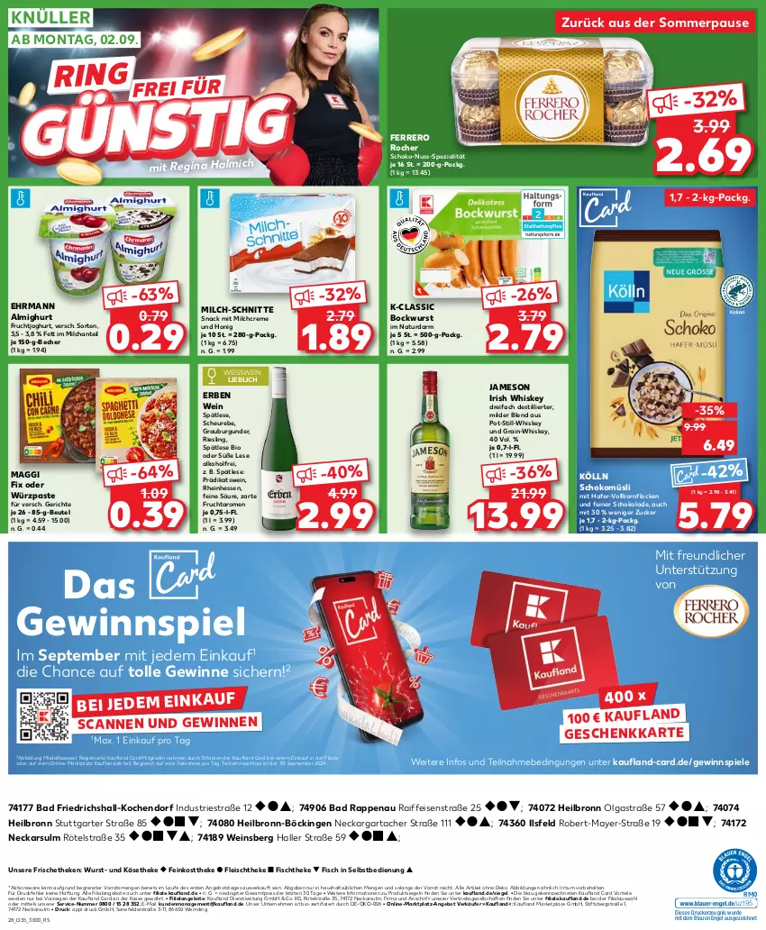 Aktueller Prospekt Kaufland - Prospekt - von 29.08 bis 04.09.2024 - strona 30 - produkty: alkohol, almighur, almighurt, angebot, angebote, Astra, Bad, Becher, beutel, bio, bockwurst, burgunder, creme, dell, drucker, ehrmann, ehrmann almighurt, eis, Engel, erde, feinkost, feinkosttheke, ferrero, Ferrero Rocher, fisch, fischtheke, fleisch, frucht, fruchtjoghurt, gewinnspiel, gin, grauburgunder, hafer, Heu, honig, irish whiskey, jameson, joghur, joghurt, Käse, käsetheke, kerze, kölln, korn, LG, maggi, maggi fix, milch, milch-schnitte, Mode, müsli, natur, nuss, reis, riesling, ring, schoko, schokolade, schokomüsli, snack, Spezi, Spiele, Ti, wein, whiskey, wurst, ZTE, zucker