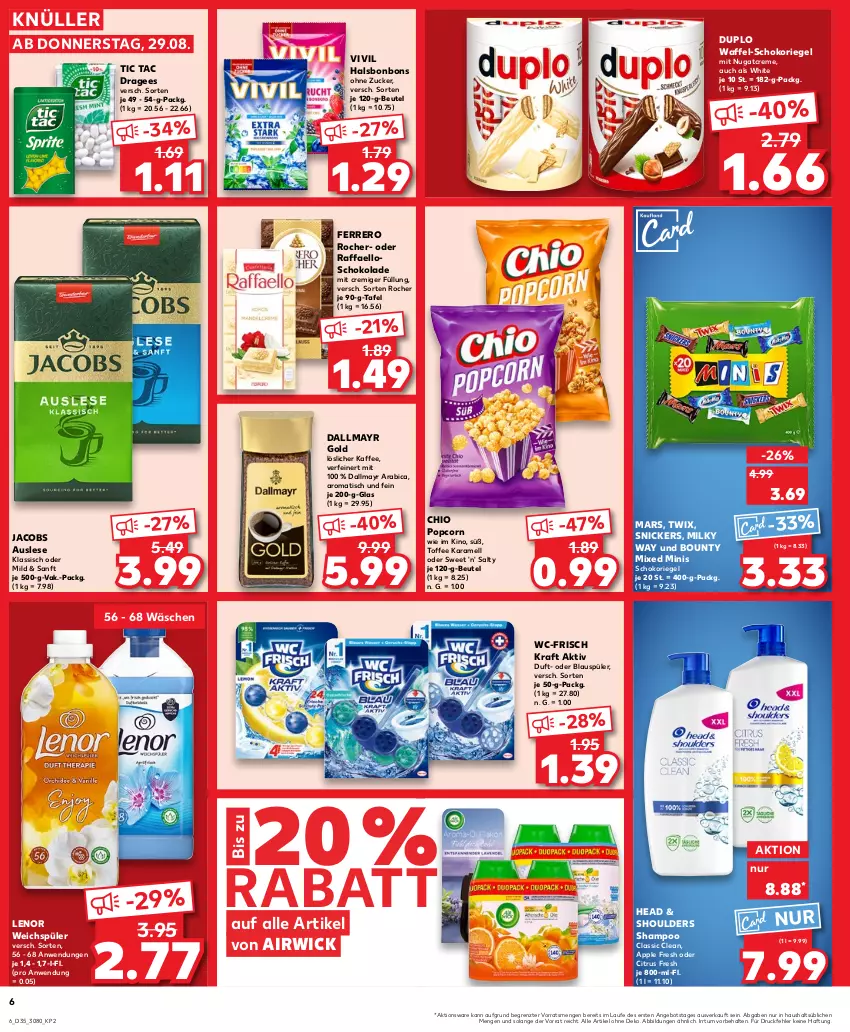 Aktueller Prospekt Kaufland - Prospekt - von 29.08 bis 04.09.2024 - strona 6 - produkty: airwick, angebot, Apple, beutel, bonbons, bounty, citrus, creme, dallmayr, dallmayr gold, duplo, ferrero, Ferrero Rocher, jacobs, kaffee, karamell, kraft, lenor, lenor weichspüler, löslicher kaffee, mars, milky way, popcorn, raffaello, riegel, schoko, schokolade, schokoriegel, shampoo, snickers, Ti, tisch, twix, weichspüler, WICK, ZTE, zucker