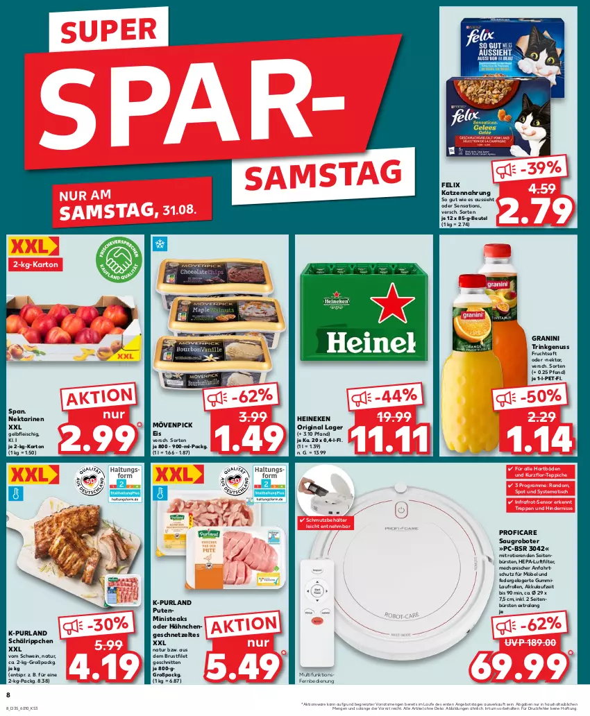 Aktueller Prospekt Kaufland - Prospekt - von 29.08 bis 04.09.2024 - strona 8 - produkty: akku, angebot, Behälter, beutel, brustfilet, bürste, bürsten, eis, felix, fernbedienung, filet, fleisch, frucht, fruchtsaft, geschnetzeltes, gin, granini, Hähnchengeschnetzeltes, heineken, katzennahrung, möbel, mövenpick, mövenpick eis, natur, Nektar, nektarinen, nuss, purland, pute, saft, Saugroboter, schnitten, schwein, sensations, steak, steaks, teppich, teppiche, Ti, Tiere, tisch, wein, Zelt, ZTE