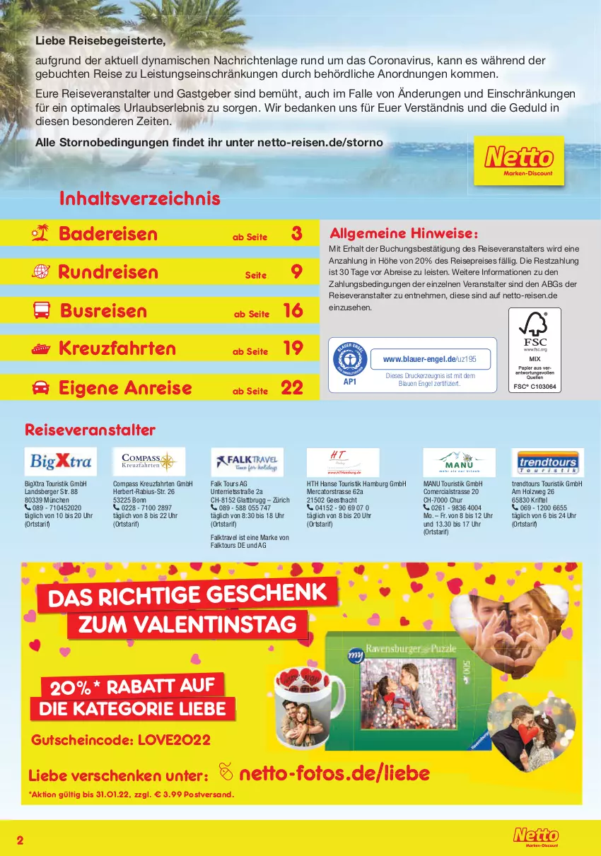 Aktueller Prospekt Netto Marken-Discount - Reisemagazin Januar - von 01.01 bis 31.01.2022 - strona 2 - produkty: auer, Bad, Berger, Brei, buch, busreisen, corona, drucker, eis, Engel, gutschein, Holz, kerze, kreuzfahrten, LG, merci, reis, reiseveranstalter, Ti, trendtours touristik gmbh, uhr