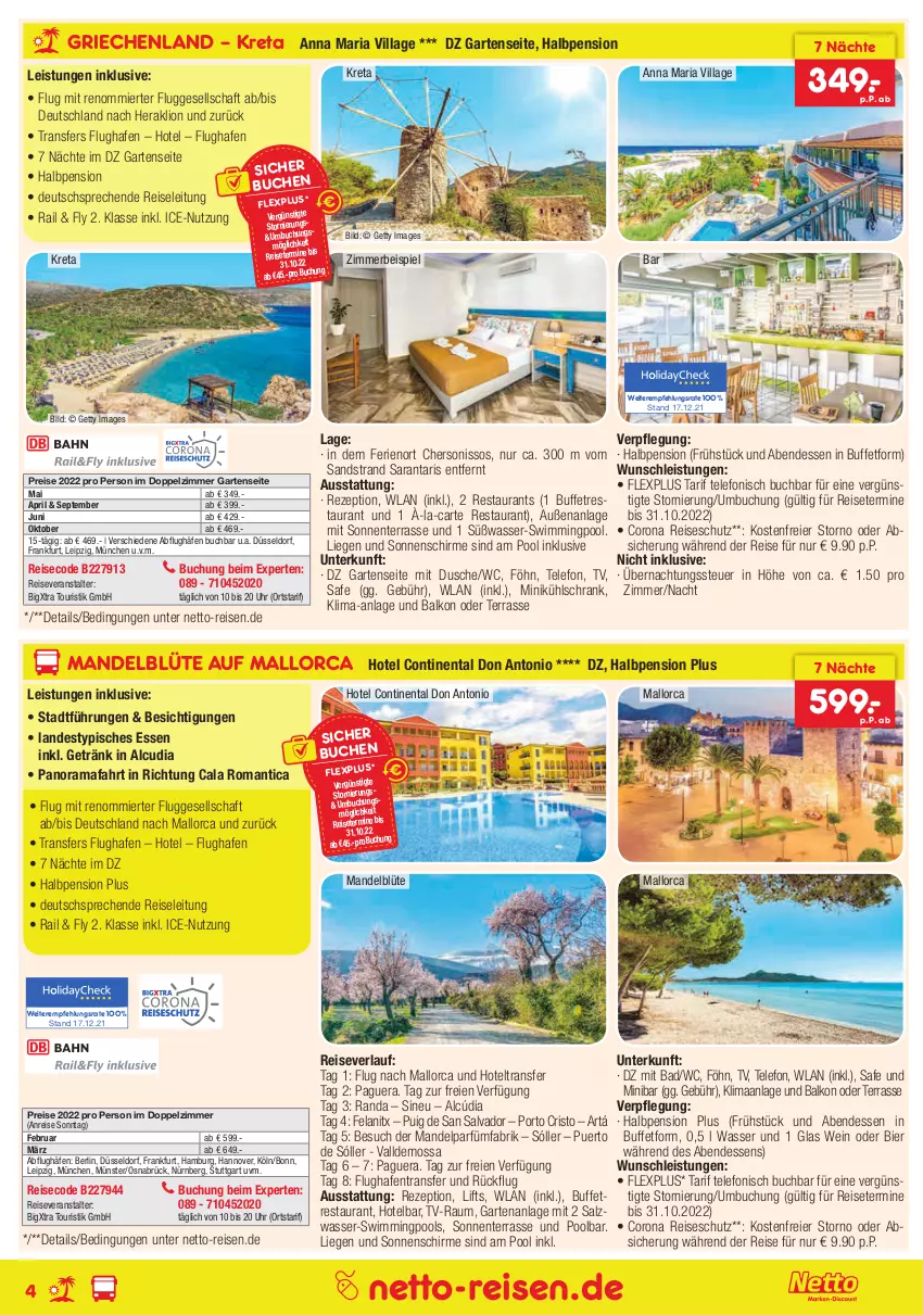 Aktueller Prospekt Netto Marken-Discount - Reisemagazin Januar - von 01.01 bis 31.01.2022 - strona 4 - produkty: Bad, bier, Blüte, buch, corona, dusche, eier, eis, Elan, ente, Garten, getränk, kühlschrank, Liege, lion, mandel, pool, pril, rama, reis, reiseveranstalter, reiseverlauf, rezept, Ria, salz, schirme, Schrank, sonnenschirm, telefon, Ti, uhr, wasser, wein, zimmerbeispiel