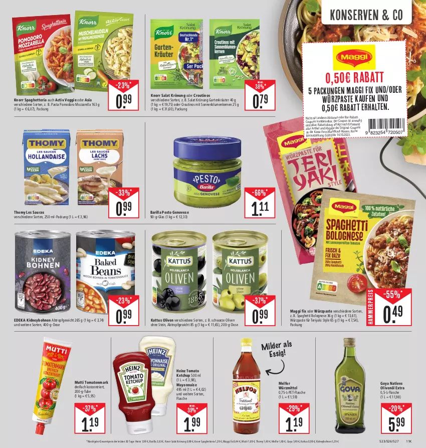 Aktueller Prospekt Edeka - Angebote der Woche - von 09.10 bis 14.10.2023 - strona 11 - produkty: barilla, blume, blumen, bohne, bohnen, bolognese, coupon, coupons, deka, eis, flasche, Garten, genovese, gin, heinz, ketchup, kidney, knorr, Konserven, kräuter, LG, maggi, maggi fix, mayonnaise, mozzarella, Mutti, natives olivenöl, olive, oliven, olivenöl, olivenöl extra, pasta, pesto, pet-flasche, reis, rel, Ria, salat, sauce, sonnenblume, sonnenblumen, Sonnenblumenkerne, sonnenblumenkernen, spaghetti, spaghetti bolognese, thomy, thomy les sauces, Ti, tomate, tomaten, tomatenmark, tomato ketchup, veggie, Yo, ZTE