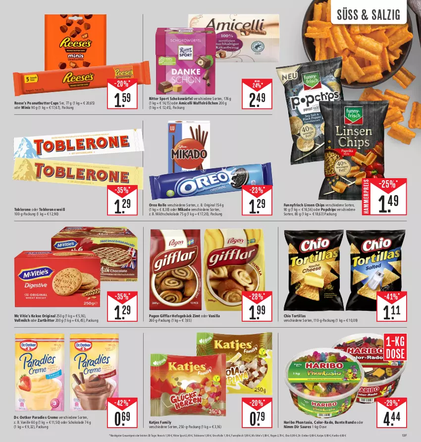 Aktueller Prospekt Edeka - Angebote der Woche - von 09.10 bis 14.10.2023 - strona 13 - produkty: amicelli, butter, chips, creme, Dr. Oetker, eis, gin, haribo, Hefe, katjes, keks, kekse, linsen, mikado, milch, oreo, Paradies Creme, Reese's, reis, ritter, ritter sport, salz, schoko, schokolade, schokowürfel, Sport, Ti, toblerone, tortilla, tortillas, vanille, vollmilch, Waffelröllchen, würfel, ZTE