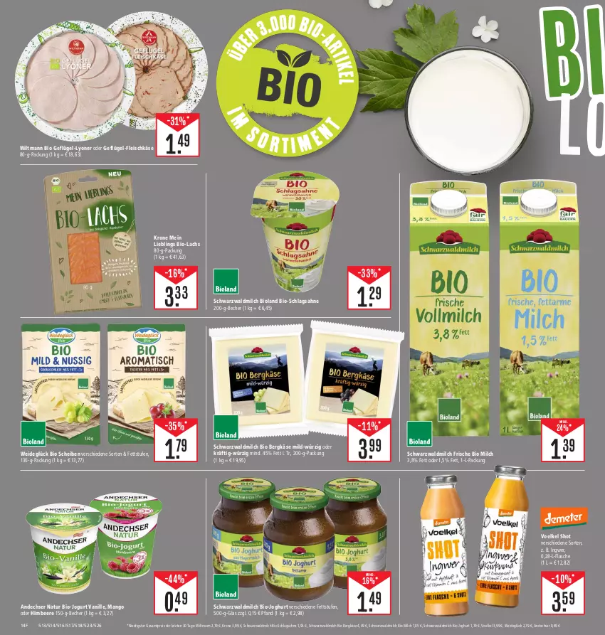 Aktueller Prospekt Edeka - Angebote der Woche - von 09.10 bis 14.10.2023 - strona 14 - produkty: andechser natur, Becher, beere, Bergkäse, bio, bio-joghurt, bioland, eis, flasche, fleisch, fleischkäse, Geflügel, himbeer, himbeere, ingwer, joghur, joghurt, jogurt, Käse, krone, lachs, lyoner, mango, milch, natur, reis, sahne, schlagsahne, Ti, vanille, wiltmann, Yo, ZTE