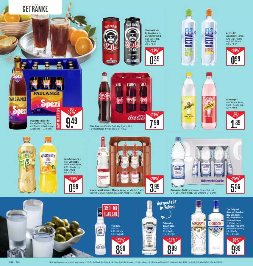 Aktueller Prospekt Edeka - Angebote der Woche - von 09.10 bis 14.10.2023 - strona 16 - produkty: Alwa, coca-cola, cola, dry gin, eis, elle, flasche, gerolsteine, gerolsteiner, getränk, getränke, gin, gordon, gordon's, Gordon’s, limo, limonade, london dry, london dry gin, mineralwasser, odenwald, Paula, paulaner, pet-flasche, pet-flaschen, reis, schweppes, Spezi, Sprudel, steiner, tee, Ti, vodka, wasser, yeni raki, ZTE