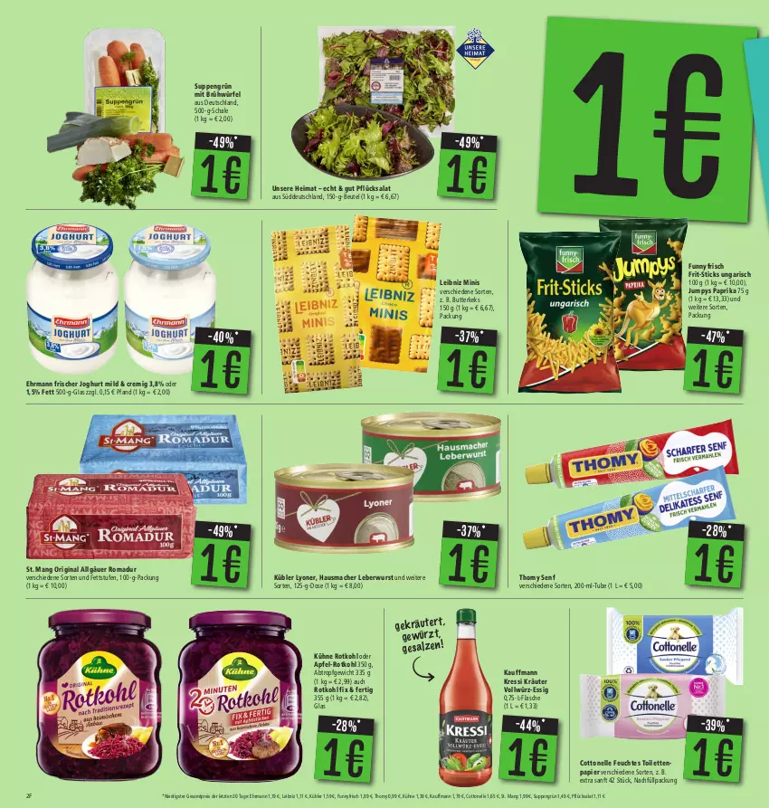 Aktueller Prospekt Edeka - Angebote der Woche - von 09.10 bis 14.10.2023 - strona 2 - produkty: apfel, beutel, butter, butterkeks, cottonelle, ehrmann, eis, elle, essig, feuchtes toilettenpapier, flasche, Frit-Sticks, gin, Hausmacher, joghur, joghurt, joghurt mild, keks, kräuter, kressi, Kühne, leberwurst, leibniz, LG, lyoner, mac, papier, paprika, reis, rotkohl, salat, Schal, Schale, senf, St. Mang, suppe, suppen, thomy, Ti, toilettenpapier, würfel, wurst, Yo, ZTE