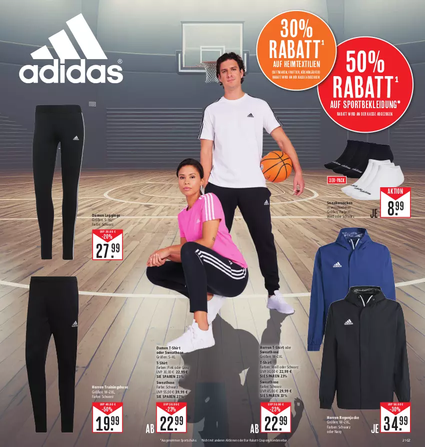 Aktueller Prospekt Edeka - Angebote der Woche - von 09.10 bis 14.10.2023 - strona 21 - produkty: bett, coupon, coupons, damen t-shirt, gin, heimtextilien, hose, Jacke, kleid, Kleidung, küche, Küchen, Läufer, leggings, rabatt-coupon, schuhe, shirt, sneaker, sneakersocken, socken, Sport, sportschuhe, Sweathose, T-Shirt, Ti, Trainingshose