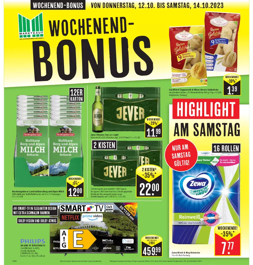 Aktueller Prospekt Edeka - Angebote der Woche - von 09.10 bis 14.10.2023 - strona 25 - produkty: brötchen, coppenrath, coupon, coupons, eis, flasche, Goldstücke, HDMI, jever, jever pilsener, milch, pils, pilsener, rabatt-coupon, reis, Ti, uhd, UHD-TV, usb, weizenbrötchen, zewa, ZTE