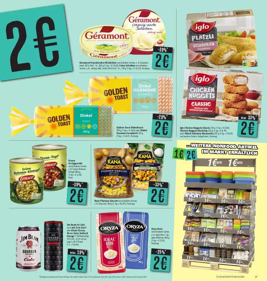 Aktueller Prospekt Edeka - Angebote der Woche - von 09.10 bis 14.10.2023 - strona 3 - produkty: bohne, bohnen, chicken nuggets, cola, eintopf, eis, erasco, fertiggericht, französischer weichkäse, géramont, gnocchi, golden toast, iglo, jim beam, Käse, lack, milch, milchreis, mozzarella, nuggets, oryza, pfanne, pfannen, Rana, reis, rel, sandwich, schinken, Three Sixty, Ti, toast, topf, vodka, weichkäse, ZTE