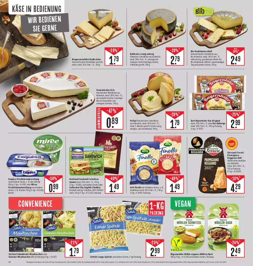 Aktueller Prospekt Edeka - Angebote der Woche - von 09.10 bis 14.10.2023 - strona 8 - produkty: arla, Becher, bio, blume, blumen, brie, cheddar, eis, exquisa, exquisa frischkäse, finello, fol epi, französischer weichkäse, frischkäse, frischkäsezubereitung, frucht, gin, gouda, hartkäse, Heu, hochland, italienischer hartkäse, Käse, kräuter, maultaschen, milch, miree, nuss, österreichischer schnittkäse, parmigiano, parmigiano reggiano, radler, rebell, reggiano, reis, rind, rügenwalder, rügenwalder mühle, sandwich, schnittkäse, schweizer schnittkäse, settele, Tasche, taschen, Ti, weichkäse, zott, ZTE