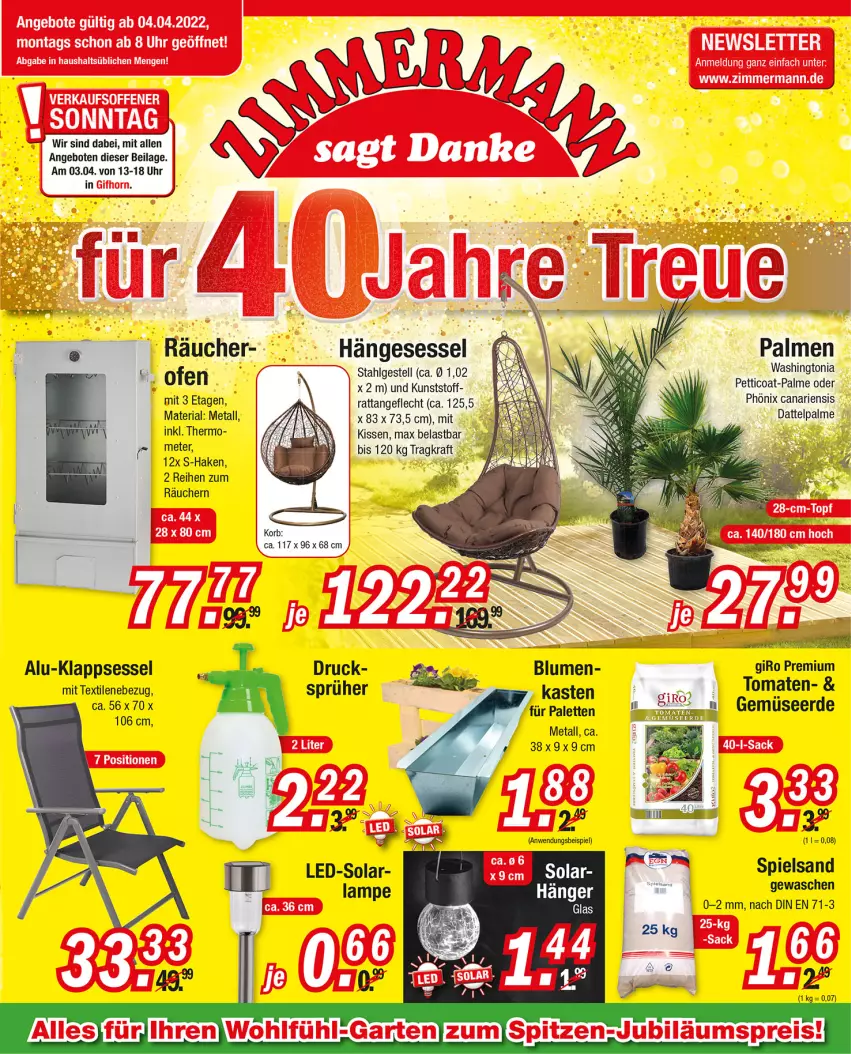 Aktueller Prospekt Zimmermann - Prospekte - von 04.04.2021 bis 09.04.2022 - strona 9 - produkty: alu-klappsessel, angebot, angebote, blume, blumen, eis, erde, Gemüseerde, hängesessel, ilag, kissen, klappsessel, kraft, Lampe, LG, Ofen, Palette, Ria, sessel, spielsand, Ti, uhr