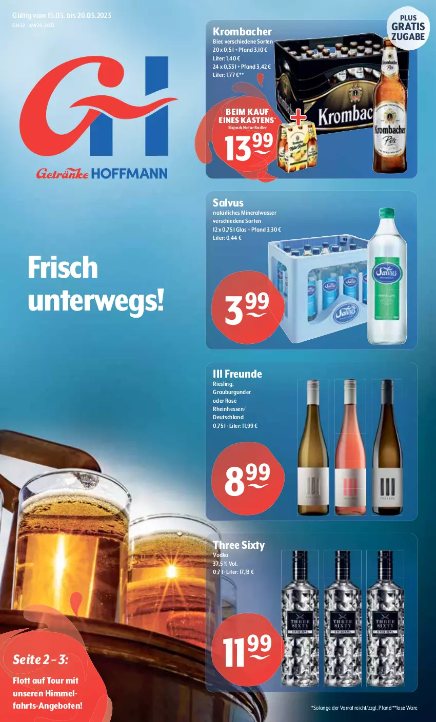 Aktueller Prospekt Getraenke Hoffmann - Prospekte - von 15.05 bis 20.05.2023 - strona 1 - produkty: Alwa, angebot, angebote, bier, burgunder, grauburgunder, krombache, krombacher, mineralwasser, natur, natur radler, natürliches mineralwasser, radler, riesling, rwe, Three Sixty, Ti, vodka, wasser