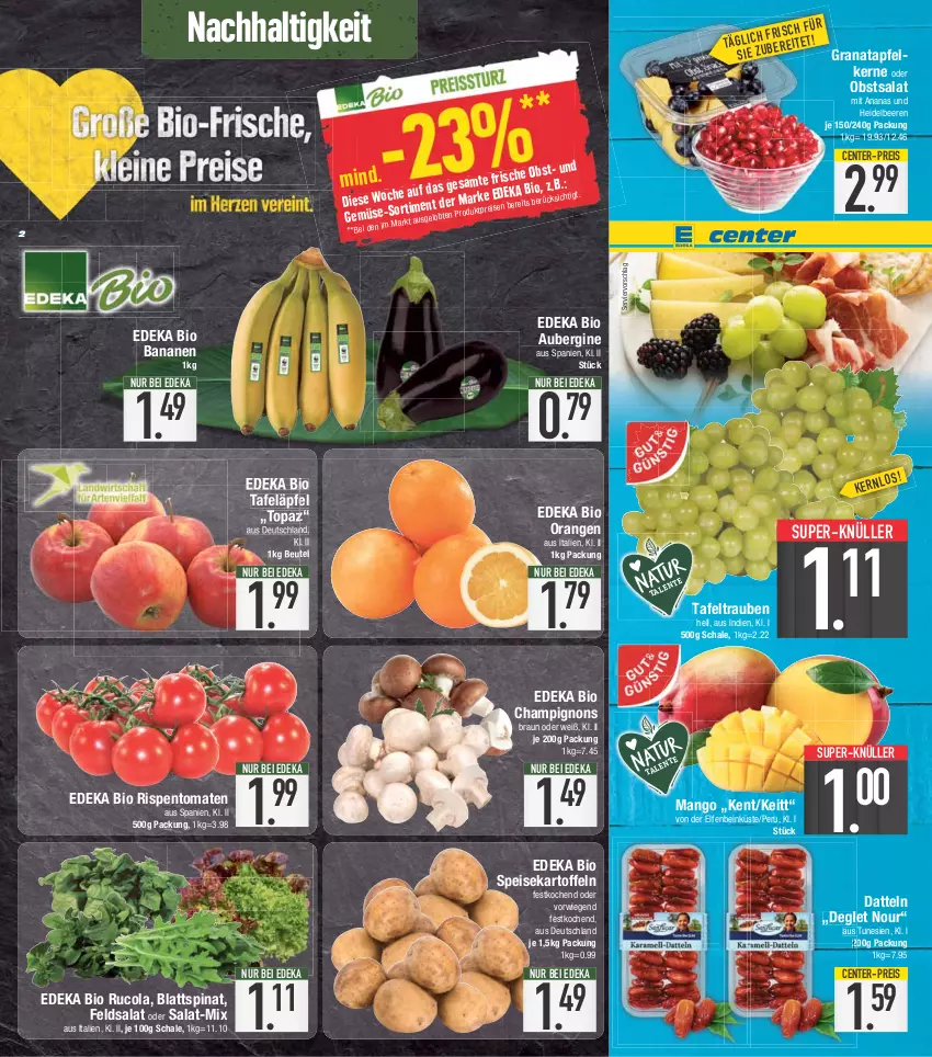 Aktueller Prospekt E Center - Angebote der Woche - von 10.04 bis 15.04.2023 - strona 2 - produkty: ananas, apfel, aubergine, banane, bananen, beere, beeren, beutel, bio, blattspinat, braun, champignon, champignons, champignons braun, cola, Datteln, deka, edeka bio, eis, ente, feldsalat, gin, grana, granatapfel, heidelbeere, heidelbeeren, kartoffel, kartoffeln, mango, obst, orange, orangen, Rana, reis, rispentomaten, rucola, salat, Schal, Schale, speisekartoffeln, spinat, super-knüller, tafeläpfel, tafeltrauben, Ti, tomate, tomaten, trauben