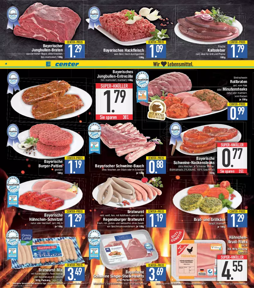 Aktueller Prospekt E Center - Angebote der Woche - von 10.04 bis 15.04.2023 - strona 4 - produkty: alkohol, Bau, bier, braten, bratwurst, burger, deka, eis, ente, entrecôte, filet, filets, fleisch, für grill und pfanne, gewürz, grill, grill und pfanne, Grillkäse, hackfleisch, hähnchenbrust, ideal für grill, ideal für grill und pfanne, jungbullen, Kalbfleisch, Kalbsleber, Käse, kotelett, mac, marinade, minutensteaks, mit kalbfleisch, Nackensteak, nackensteaks, natur, pfanne, regensburger, reis, rind, rollbraten, rostbratwurst, schnitzel, schwein, schweine, schweine-bauch, steak, steaks, super-knüller, Ti, und pfanne, wein, weine, wurst, ZTE