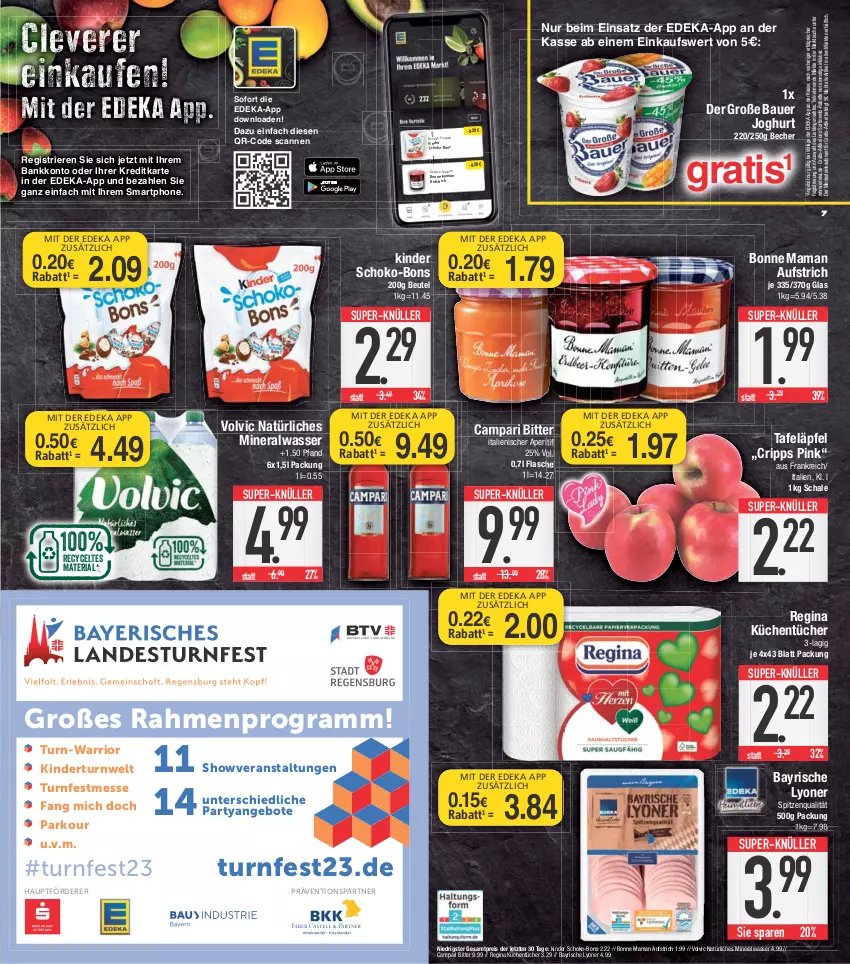 Aktueller Prospekt E Center - Angebote der Woche - von 10.04 bis 15.04.2023 - strona 7 - produkty: Alwa, angebot, angebote, aperitif, auer, aufstrich, Bank, Bau, Bauer, Becher, beutel, bonne maman, campari, coupon, decke, Deckel, deka, eis, flasche, gin, joghur, joghurt, Kinder, küche, Küchen, küchentücher, LG, lyoner, mam, mineralwasser, natürliches mineralwasser, nuss, reis, Ria, Schal, Schale, schoko, schoko-bons, smartphone, spitzenqualität, super-knüller, tafeläpfel, Ti, tücher, volvic, volvic natürliches, wasser, Yo, ZTE