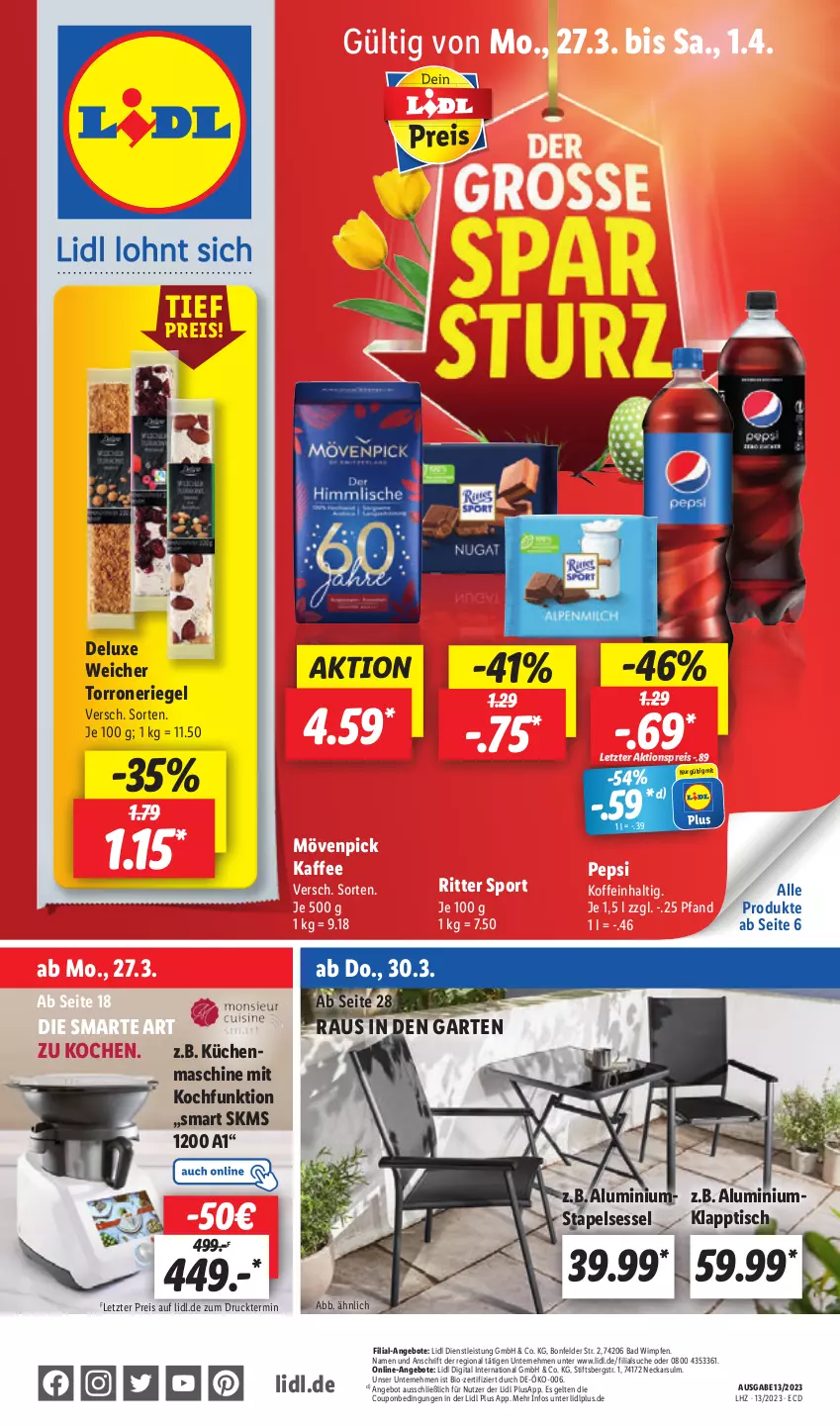 Aktueller Prospekt Lidl - Aktionsprospekt - von 27.03 bis 01.04.2023 - strona 1 - produkty: aktionspreis, angebot, angebote, Bad, bio, coupon, eis, Garten, kaffee, klapptisch, küche, Küchen, mövenpick, mövenpick kaffee, pepsi, reis, riegel, ritter, ritter sport, sessel, Sport, stapelsessel, Ti, tisch, ZTE