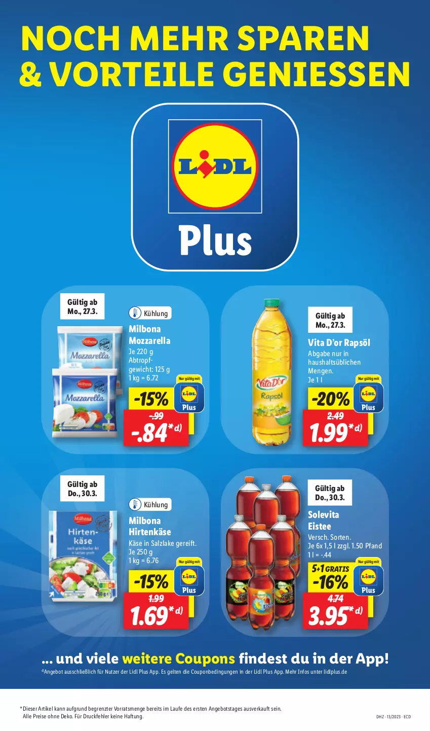 Aktueller Prospekt Lidl - Aktionsprospekt - von 27.03 bis 01.04.2023 - strona 11 - produkty: angebot, Bona, coupon, coupons, eis, eistee, hirtenkäse, Käse, Milbona, mozzarella, rapsöl, reis, rel, salz, tee, Ti, vita, ZTE