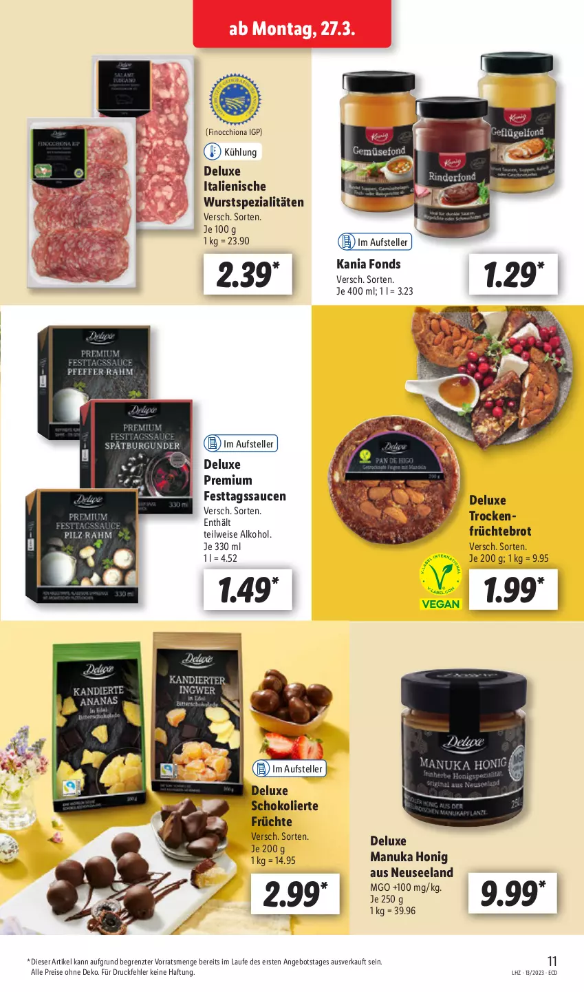 Aktueller Prospekt Lidl - Aktionsprospekt - von 27.03 bis 01.04.2023 - strona 13 - produkty: alkohol, angebot, brot, eis, Elan, elle, früchte, honig, Manuka Honig, nuk, reis, sauce, saucen, schoko, Spezi, teller, Ti, wurst, ZTE