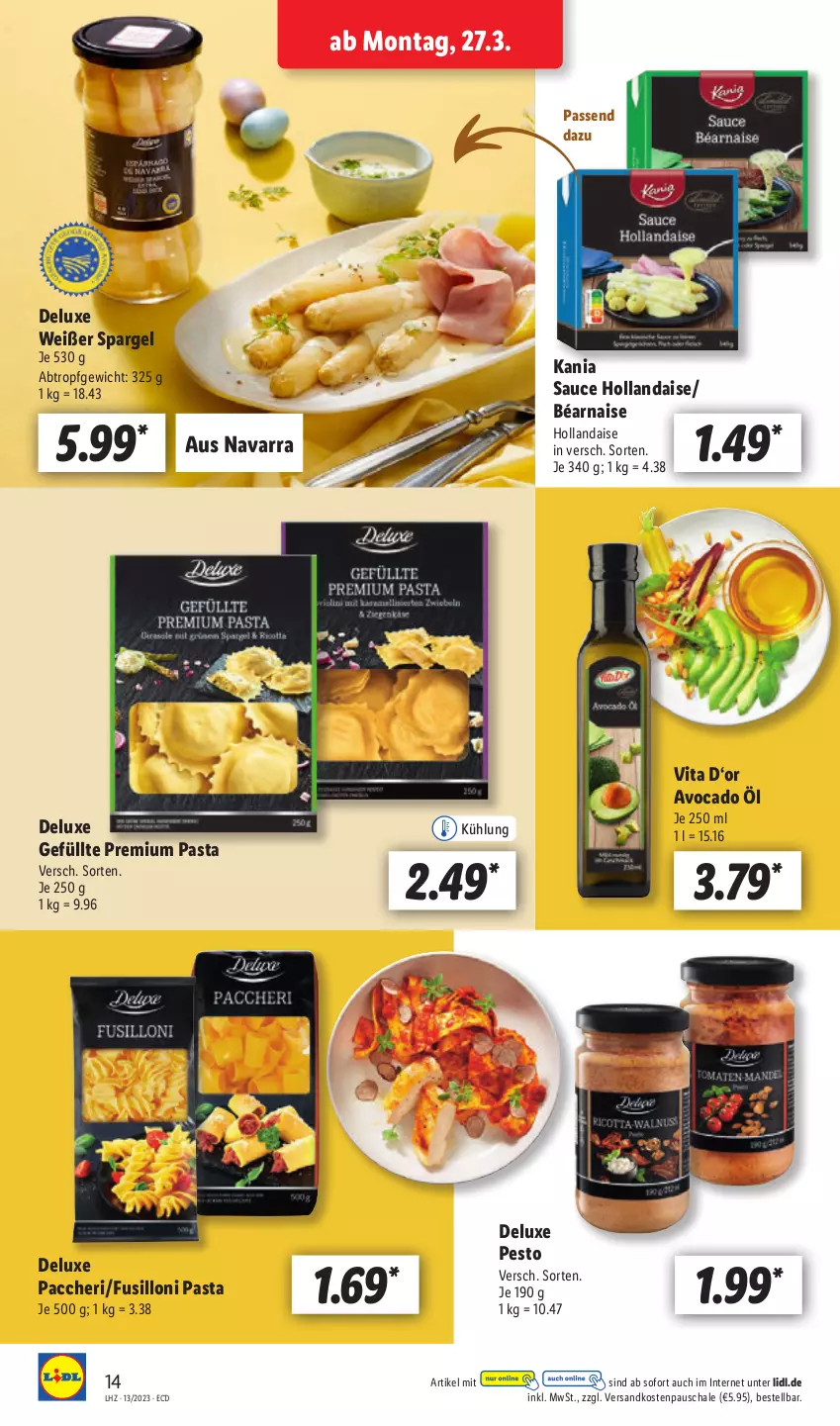 Aktueller Prospekt Lidl - Aktionsprospekt - von 27.03 bis 01.04.2023 - strona 16 - produkty: ACC, avocado, hollandaise, ndk, pasta, pesto, sauce, sauce hollandaise, Schal, Schale, spargel, Ti, vita