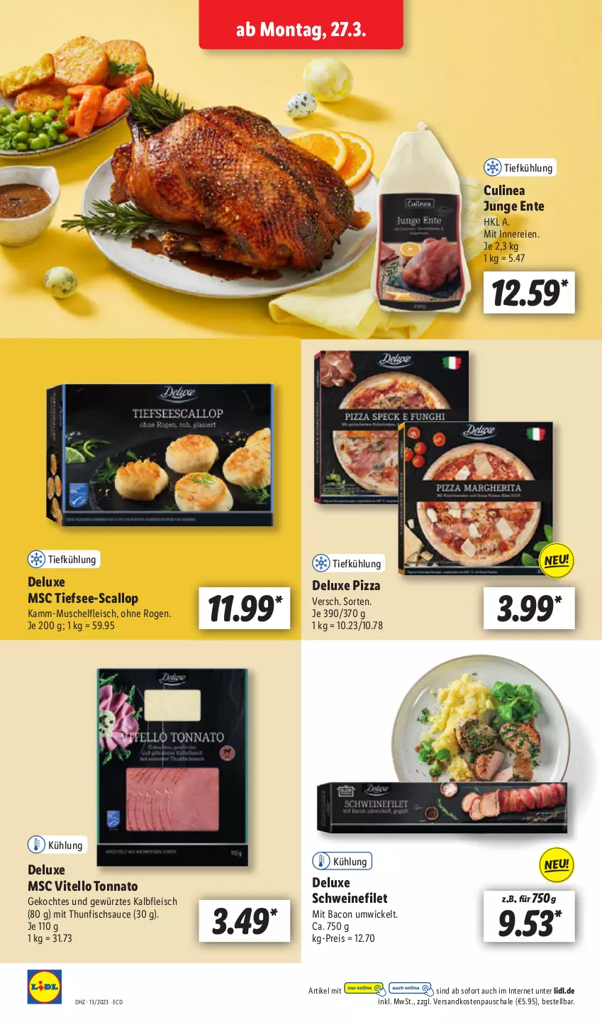 Aktueller Prospekt Lidl - Aktionsprospekt - von 27.03 bis 01.04.2023 - strona 18 - produkty: bacon, eis, ente, filet, fisch, fleisch, gewürz, Kalbfleisch, ndk, pizza, reis, sauce, Schal, Schale, schwein, schweine, schweinefilet, thunfisch, Ti, Vitello Tonnato, wein, weine, WICK, ZTE