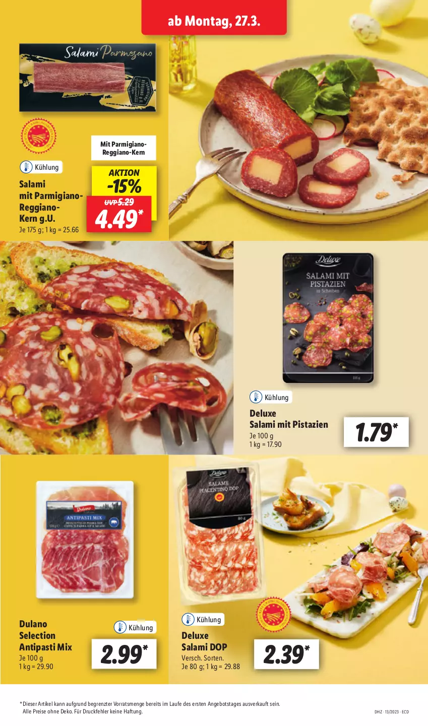 Aktueller Prospekt Lidl - Aktionsprospekt - von 27.03 bis 01.04.2023 - strona 19 - produkty: angebot, antipasti, asti, dulano, eis, mit pistazien, parmigiano, pistazien, reggiano, reis, salami, Ti, ZTE