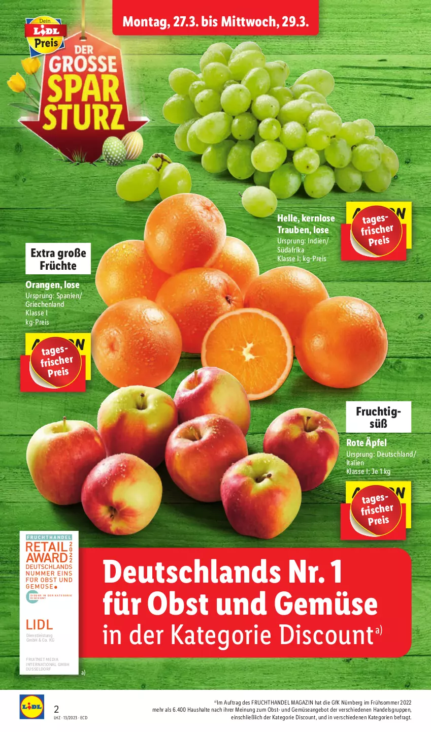 Aktueller Prospekt Lidl - Aktionsprospekt - von 27.03 bis 01.04.2023 - strona 2 - produkty: angebot, discount, eis, elle, ente, frucht, früchte, magazin, obst, Obst und Gemüse, orange, orangen, reis, Ti, trauben, und gemüse