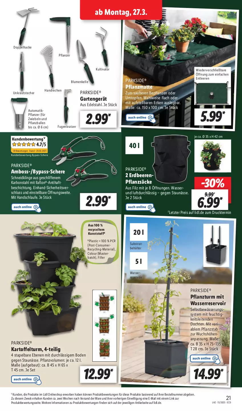 Aktueller Prospekt Lidl - Aktionsprospekt - von 27.03 bis 01.04.2023 - strona 31 - produkty: asti, auto, ball, Bau, beere, beeren, Behälter, blume, blumen, boss, Clin, edelstahl, eis, elle, erdbeere, erdbeeren, Garten, gsw, kartoffel, Kraut, Parkside, pflanze, pflanzen, reis, Ria, Schere, Ti, topf, Topfen, wasser, weck, ZTE, zwiebel, zwiebeln