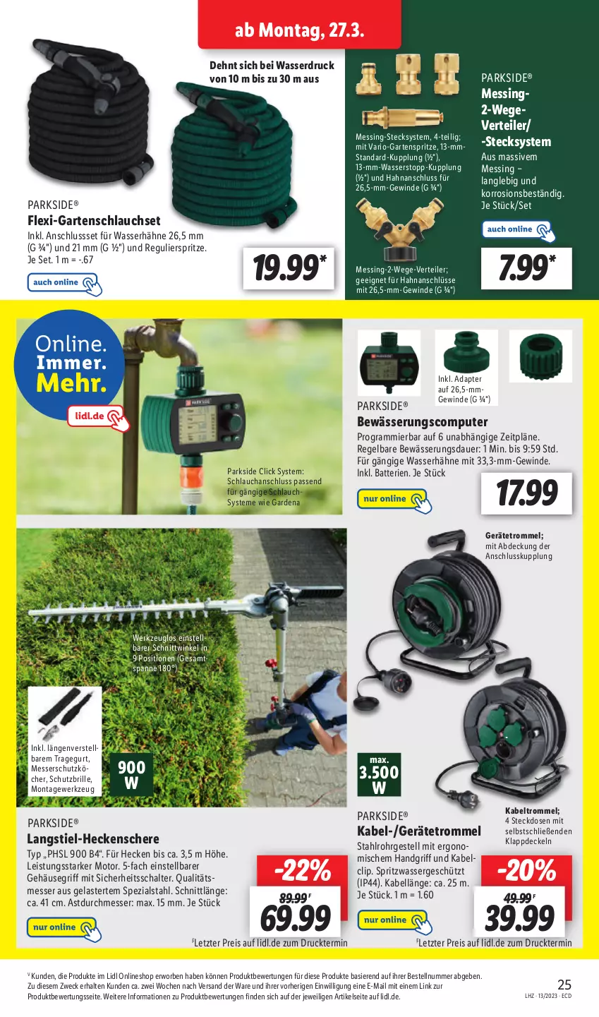 Aktueller Prospekt Lidl - Aktionsprospekt - von 27.03 bis 01.04.2023 - strona 35 - produkty: adapter, auer, batterie, batterien, Brille, computer, decke, Deckel, eis, gardena, Garten, gartenschlauch, heckenschere, Kabeltrommel, messer, Parkside, pute, reis, Schal, Schere, schlauch, Schutzbrille, Spezi, steckdose, Ti, trommel, wasser, weck, werkzeug, ZTE