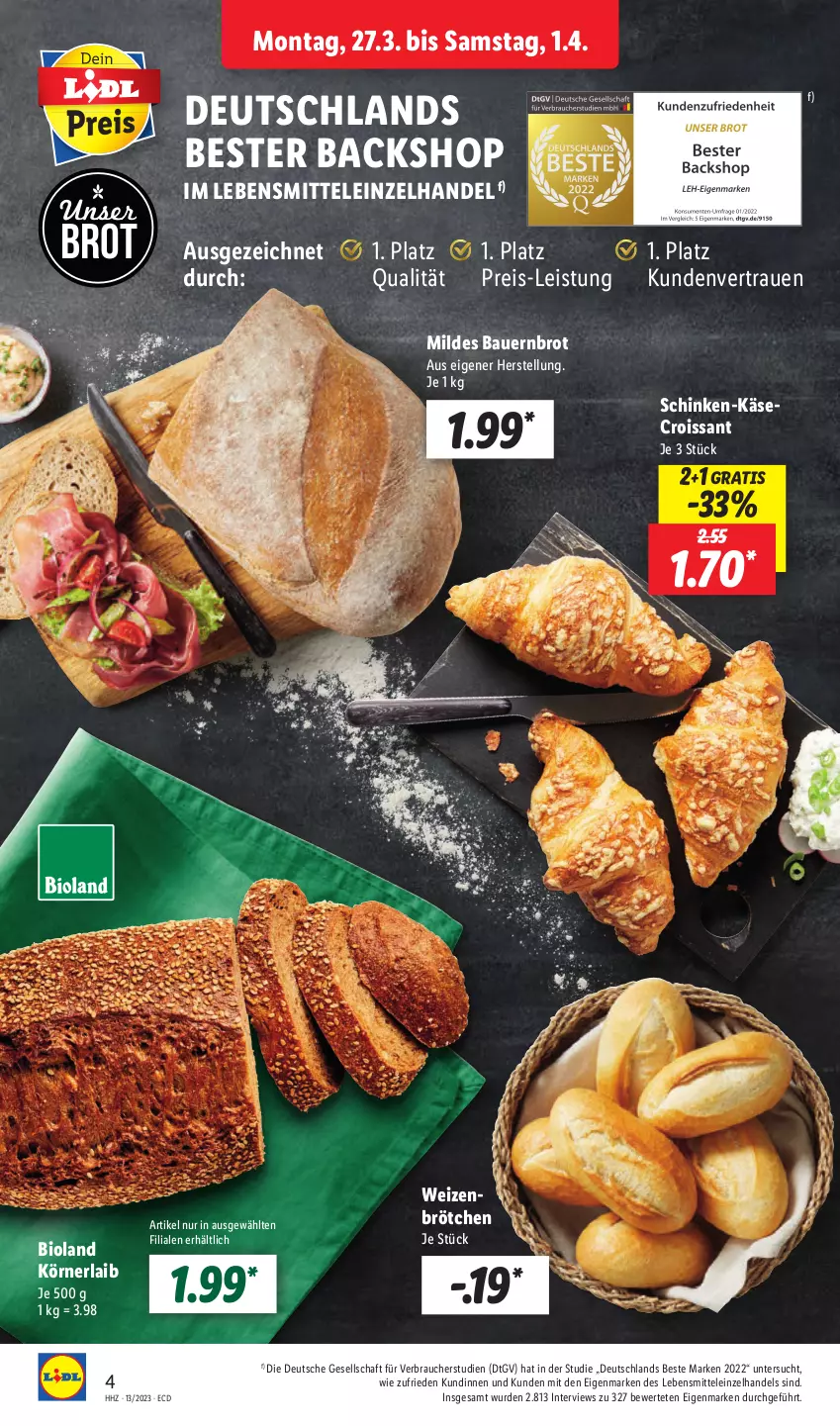 Aktueller Prospekt Lidl - Aktionsprospekt - von 27.03 bis 01.04.2023 - strona 4 - produkty: auer, Bau, Bauer, bio, bioland, brot, brötchen, Croissant, eis, Käse, lebensmittel, Rauch, reis, schinken, Ti, weizenbrötchen