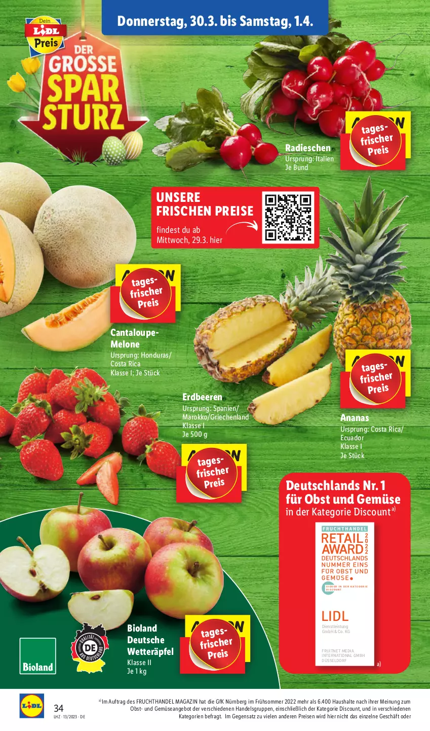 Aktueller Prospekt Lidl - Aktionsprospekt - von 27.03 bis 01.04.2023 - strona 44 - produkty: ananas, angebot, beere, beeren, bio, bioland, discount, eis, ente, erdbeere, erdbeeren, frucht, magazin, melone, obst, Obst und Gemüse, radieschen, reis, Ti, und gemüse