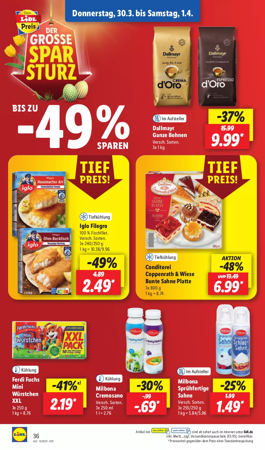 Aktueller Prospekt Lidl - Aktionsprospekt - von 27.03 bis 01.04.2023 - strona 46 - produkty: bohne, bohnen, Bona, coppenrath, dallmayr, eis, elle, ferdi fuchs, filegro, filet, fisch, iglo, latte, Milbona, ndk, preisvorteil, reis, sahne, Schal, Schale, teller, Ti, würstchen