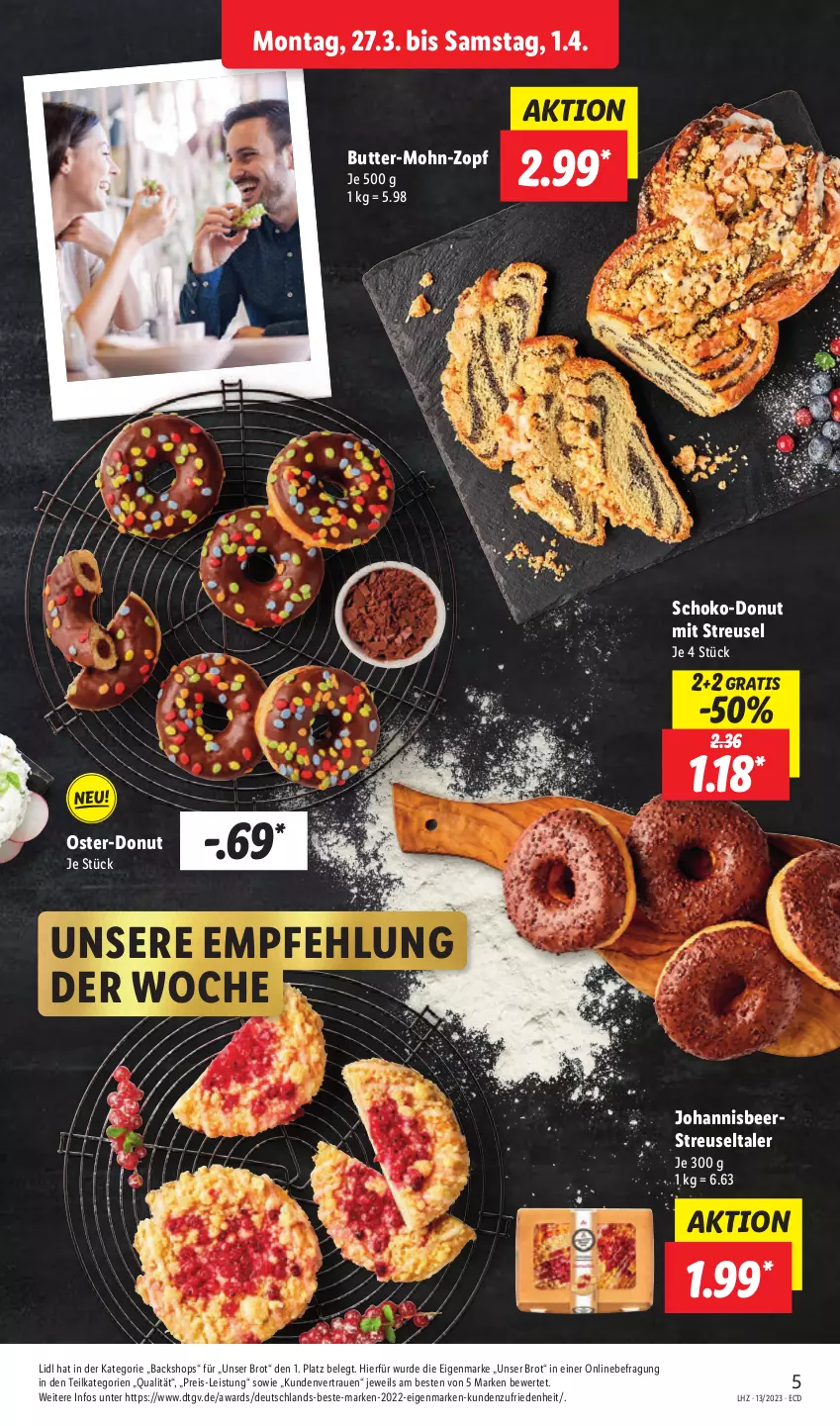 Aktueller Prospekt Lidl - Aktionsprospekt - von 27.03 bis 01.04.2023 - strona 5 - produkty: brot, butter, Donut, eis, reis, schoko, Ti