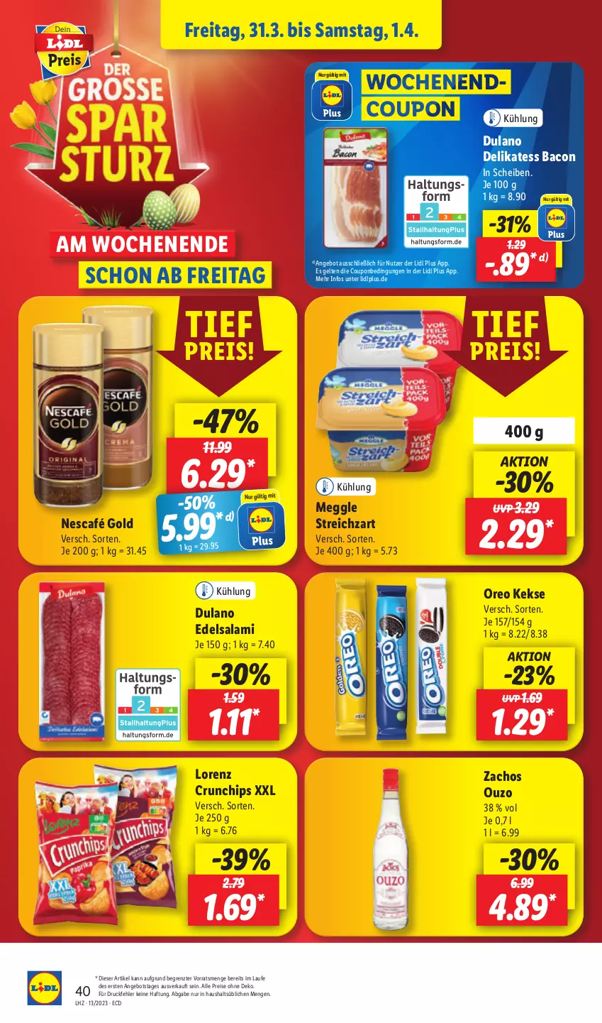 Aktueller Prospekt Lidl - Aktionsprospekt - von 27.03 bis 01.04.2023 - strona 50 - produkty: angebot, bacon, chips, coupon, crunchips, drucker, dulano, Edelsalami, eis, Engel, keks, kekse, kerze, lorenz, lorenz crunchips, meggle, Nescafé, nescafé gold, oreo, ouzo, papier, reis, salami, Streichzart, Ti, ZTE