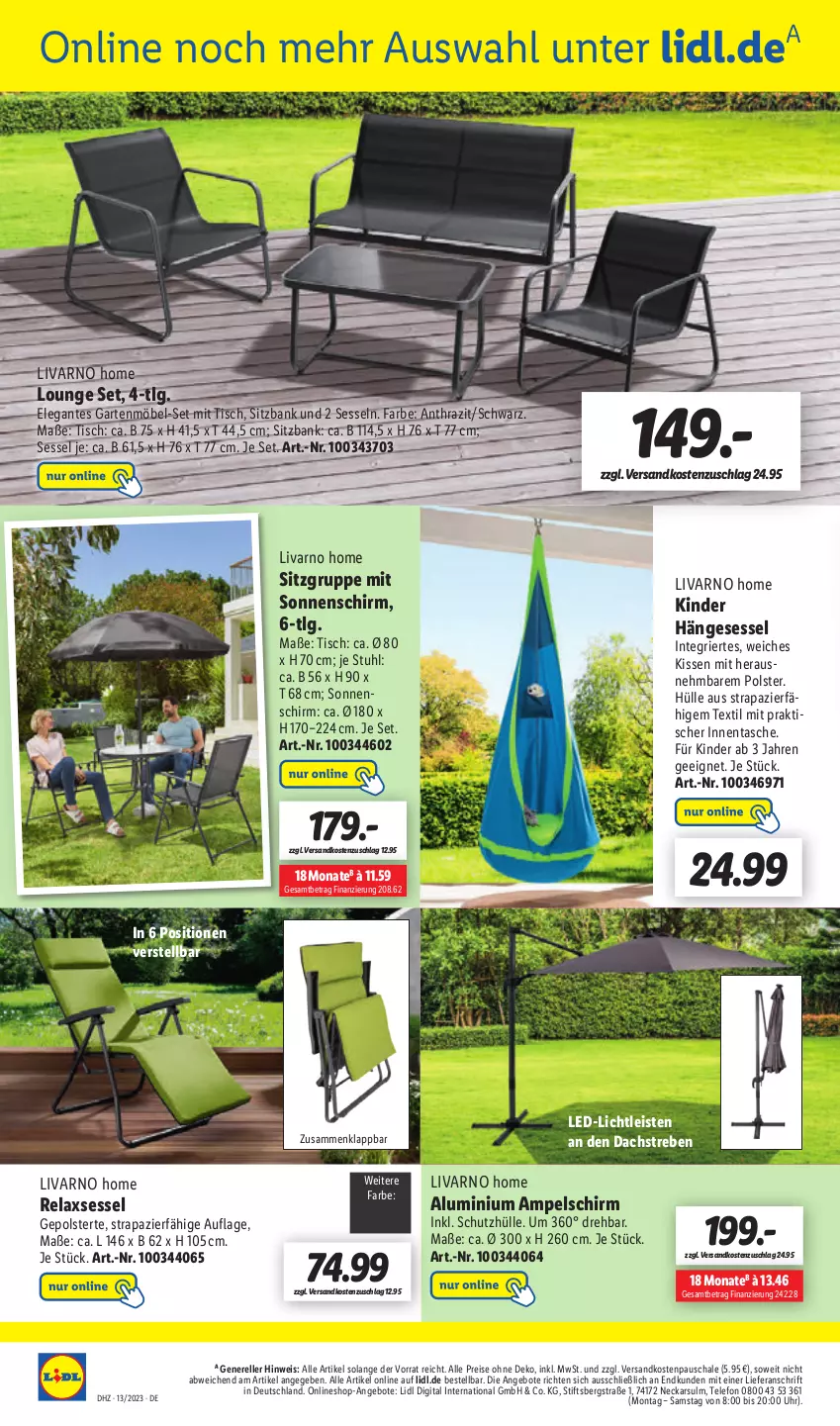 Aktueller Prospekt Lidl - Aktionsprospekt - von 27.03 bis 01.04.2023 - strona 52 - produkty: ampelschirm, angebot, angebote, Bank, eis, elle, Garten, gartenmöbel, hängesessel, Kinder, kissen, led-licht, LG, möbel, ndk, reis, rel, relaxsessel, Schal, Schale, schutzhülle, sessel, sitzbank, sonnenschirm, stuhl, Tasche, telefon, Ti, tisch, uhr