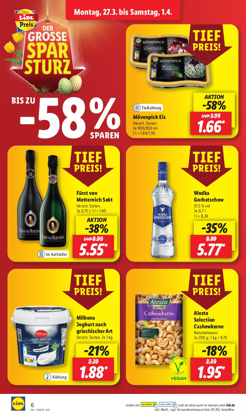 Aktueller Prospekt Lidl - Aktionsprospekt - von 27.03 bis 01.04.2023 - strona 6 - produkty: alesto, Bona, Cashew, cashewkerne, eis, elle, fürst von metternich, Gorbatschow, joghur, joghurt, joghurt nach, Mett, metternich, Milbona, mövenpick, mövenpick eis, natur, ndk, reis, Schal, Schale, sekt, teller, Ti, wodka