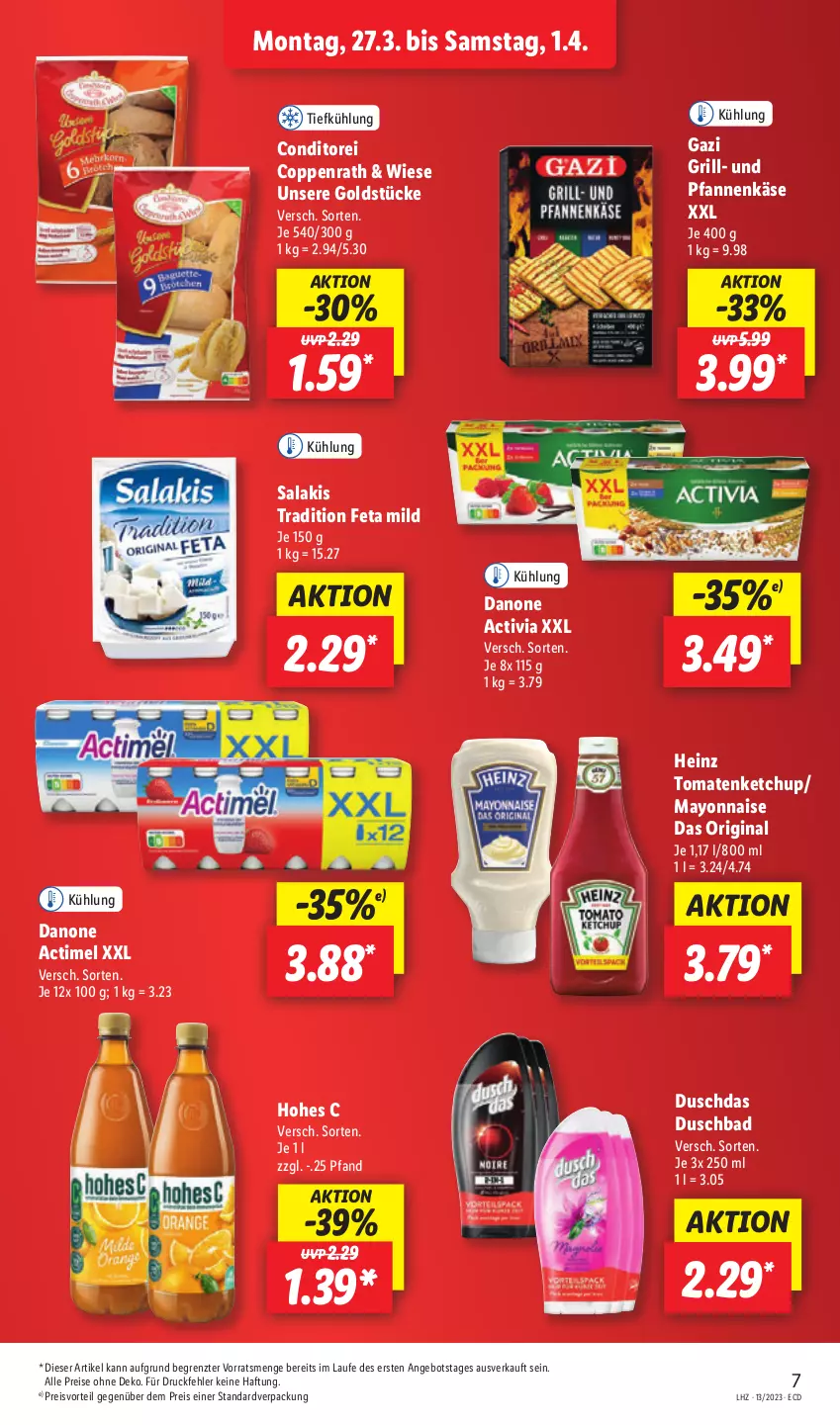 Aktueller Prospekt Lidl - Aktionsprospekt - von 27.03 bis 01.04.2023 - strona 7 - produkty: actimel, activia, angebot, Bad, coppenrath, danone, danone activia, duschbad, duschdas, eis, feta, gin, Goldstücke, grill, heinz, Hohes C, Käse, ketchup, mayonnaise, pfanne, pfannen, pfannenkäse, preisvorteil, reis, salakis, Ti, tomate, tomaten, tomatenketchup, und pfanne, Yo, ZTE