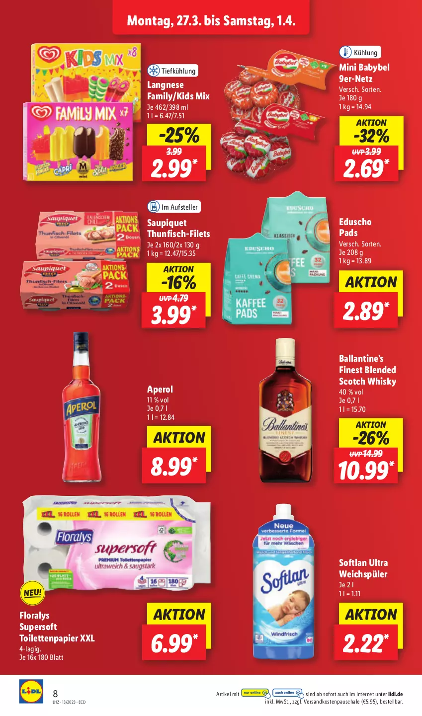 Aktueller Prospekt Lidl - Aktionsprospekt - von 27.03 bis 01.04.2023 - strona 8 - produkty: aperol, babybel, ball, blended scotch, blended scotch whisky, eduscho, elle, filet, filets, fisch, Floralys, langnese, mini babybel, ndk, papier, saupiquet, Schal, Schale, scotch, scotch whisky, Softlan, teller, thunfisch, Ti, toilettenpapier, weichspüler, whisky