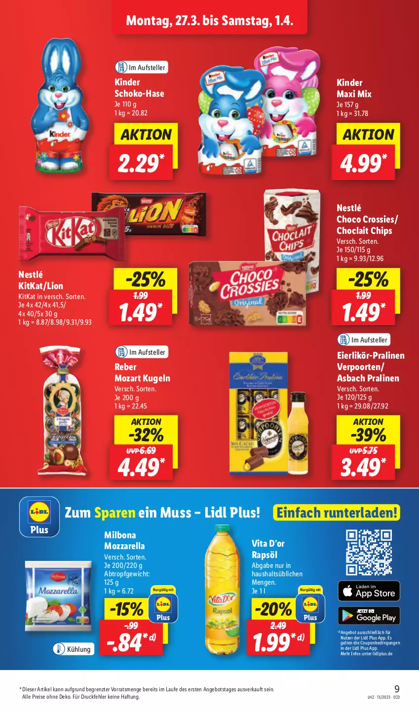 Aktueller Prospekt Lidl - Aktionsprospekt - von 27.03 bis 01.04.2023 - strona 9 - produkty: angebot, Bona, chips, choclait chips, choco crossies, coupon, crossies, eier, eierlikör, eis, elle, Kinder, Kinder Maxi, kitkat, Kugel, likör, lion, Milbona, mozzarella, nestlé, pralinen, rapsöl, reis, rel, schoko, teller, Ti, verpoorten, vita, ZTE