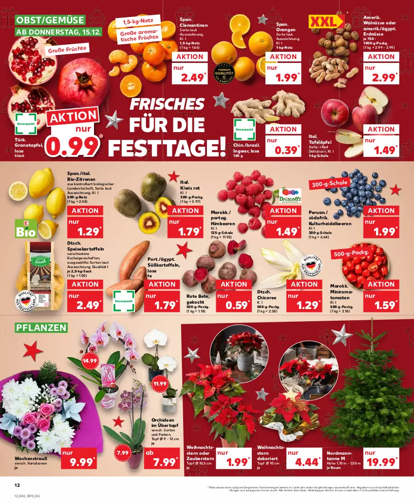 Aktueller Prospekt Kaufland - von 15.12 bis 21.12.2022 - strona 12 - produkty: angebot, apfel, Bau, beere, beeren, bio, bio-zitronen, clementinen, eis, erdnüsse, früchte, grana, granatapfel, heidelbeere, heidelbeeren, himbeer, himbeere, himbeeren, ingwer, kartoffel, kartoffeln, kiwi, obst, orange, orangen, orchidee, orchideen, pflanze, pflanzen, Rana, Ria, Romatomaten, rote bete, sac, Schal, Schale, speisekartoffeln, Süßkartoffeln, tafeläpfel, Ti, tisch, tomate, tomaten, topf, trolli, übertopf, Weihnachtsstern, zitrone, zitronen, ZTE