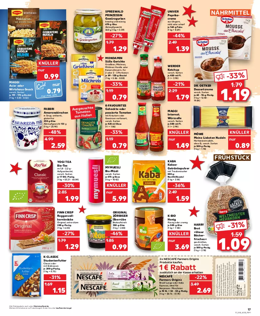 Aktueller Prospekt Kaufland - von 15.12 bis 21.12.2022 - strona 17 - produkty: Amarenakirschen, angebot, angebote, aufstrich, beutel, bio, Brei, brot, brotaufstrich, coupon, creme, dessert, Dr. Oetker, eis, ente, erde, erdnüsse, erdnüssen, espresso, getränk, getränke, getränkepulver, gewürz, Gewürzgurke, gewürzgurken, gin, gurke, gurken, hartweizen, honig, Kaiser, Kaiserschmarrn, kakao, ketchup, kirsch, kirsche, kirschen, korn, kräuter, kräutern, lungo, maggi, milch, milchreis, mondamin, müsli, Nescafé, nespresso, nudel, nudeln, paprika, Paprikacreme, reis, schnitten, sirup, snack, Soße, studentenfutter, tee, Ti, tomate, tomaten, trauben, vanille, Yo, zucker