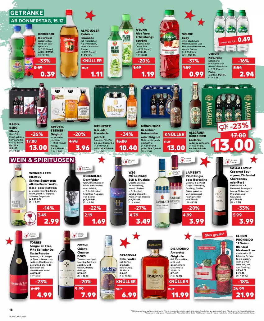 Aktueller Prospekt Kaufland - von 15.12 bis 21.12.2022 - strona 18 - produkty: alkohol, almdudler, aloe vera, Alwa, Amaretto, Amber, angebot, apfel, beere, beeren, bier, bitburger, braten, brause, bügel, bügelflasche, burger, cabernet, cabernet sauvignon, chia, chianti, classico, cola, dell, dornfelder, eier, eis, elle, fisch, flasche, fleisch, frucht, fruchtsaft, gallo, gallo family, Geflügel, getränk, getränke, gewürz, gin, green tea, grill, himbeer, kellerbier, kräuter, kräutern, LG, likör, limo, limonade, mac, mandel, Meister, mineralwasser, Mixer, mixery, mönchshof, natur, Nuance, oder radler, pflaume, pflaumen, pils, Pinot, pinot grigio, premium pils, qualitätswein, qualitätsweine, radler, rel, rotwein, Rubin, rum, saft, salat, salate, saro, sauvignon, spirituosen, steiner, suppe, suppen, Ti, tisch, vodka, volvic, vorspeise, waldmeister, wasser, wein, weine, Weißwein, ZTE