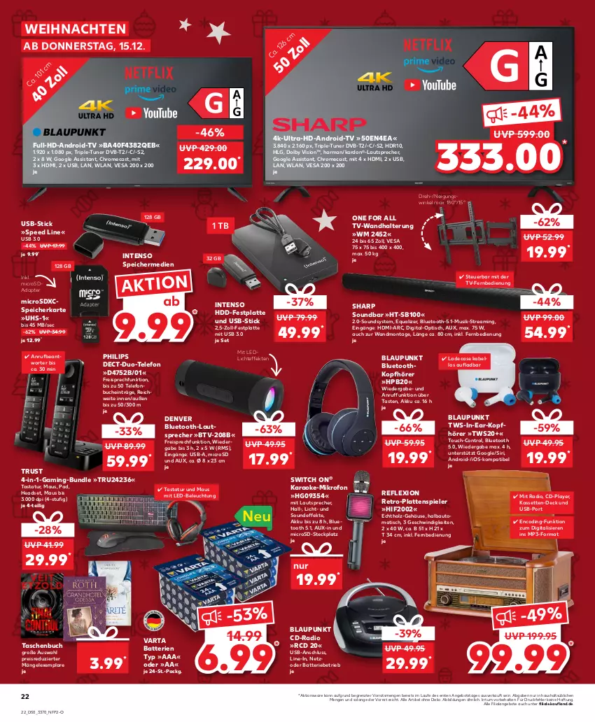 Aktueller Prospekt Kaufland - von 15.12 bis 21.12.2022 - strona 22 - produkty: adapter, akku, angebot, angebote, auto, batterie, batterien, Bau, beleuchtung, blaupunkt, bluetooth-lautsprecher, buch, dvb, DVB-T, eis, fernbedienung, festplatte, gsw, harman, HDD, HDMI, Headset, Holz, HP, in-ear-kopfhörer, intenso, kopfhörer, latte, lautsprecher, led-beleuchtung, LG, Maus, microsd, microsdxc, mit led-beleuchtung, Mp3, Philips, Radio, reis, Sharp, soundbar, spee, speicherkarte, Spiele, Tasche, taschen, Taschenbuch, Tastatur, telefon, Ti, tisch, tuner, usb, varta, wandhalterung, weihnachten, ZTE