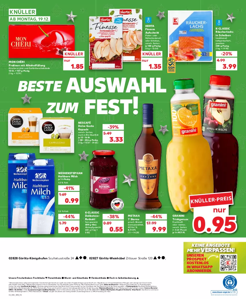 Aktueller Prospekt Kaufland - von 15.12 bis 21.12.2022 - strona 32 - produkty: alkohol, angebot, angebote, auer, aufschnitt, bio, dolce gusto, drucker, eis, Engel, erde, feinkost, feinkosttheke, finesse, fisch, fischtheke, fleisch, frucht, fruchtsaft, gewürz, granini, hähnchenbrust, haltbare milch, herta, herta finesse, Käse, käsetheke, kerze, kirsch, kirsche, lachs, likör, Metaxa, milch, Mon Chéri, Nektar, Nescafé, nuss, pralinen, pute, Räucherlachs, reis, rotkohl, saft, salz, schinken, schoko, schokolade, Spezi, Ti, weihenstephan, wein, wurst, Zartbitterschokolade, ZTE