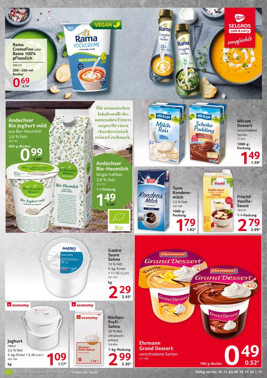 Aktueller Prospekt Selgros - Food - von 10.11 bis 16.11.2022 - strona 11 - produkty: auer, Becher, bio, creme, dessert, ehrmann, Ehrmann Grand Dessert, eimer, frischli, Heu, heumilch, joghur, joghurt, joghurt mild, küche, Küchen, LG, milch, milram, natur, rama, rama cremefine, sahne, sauce