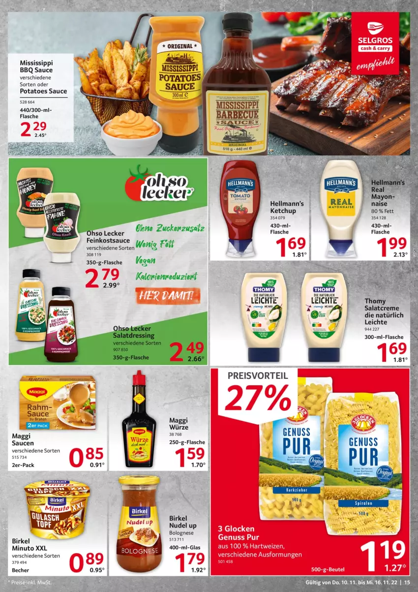 Aktueller Prospekt Selgros - Food - von 10.11 bis 16.11.2022 - strona 15 - produkty: barbecue, Becher, birkel, creme, dressing, eis, feinkost, flasche, gin, hartweizen, ketchup, LG, maggi, maggi würze, natur, nuss, potatoes, preisvorteil, reis, salat, salatcreme, salatdressing, sauce, thomy, Yo