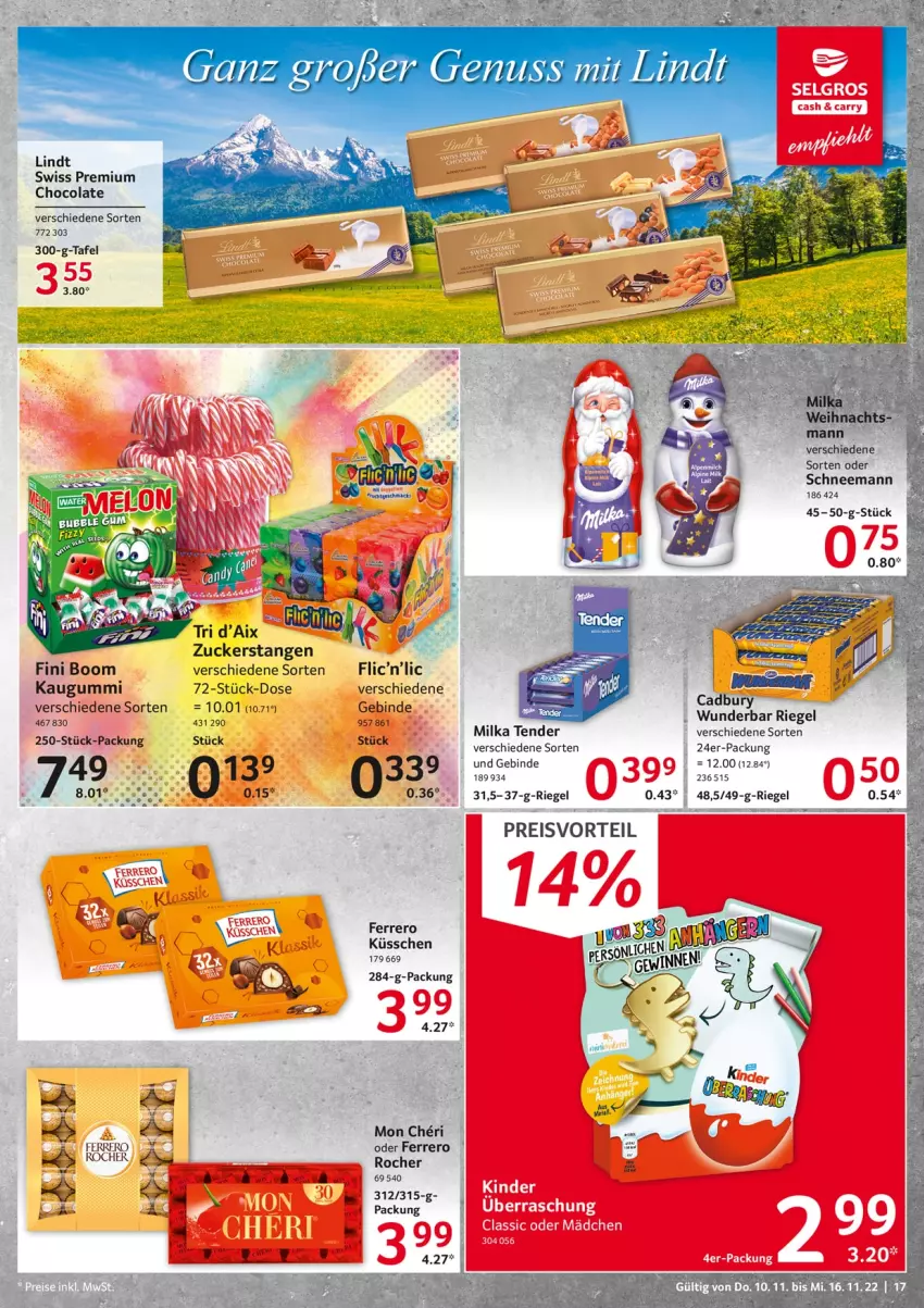 Aktueller Prospekt Selgros - Food - von 10.11 bis 16.11.2022 - strona 17 - produkty: cola, eis, ferrero, Ferrero Rocher, kaugummi, LG, lindt, milka, preisvorteil, reis, riegel, tender, Ti, zucker